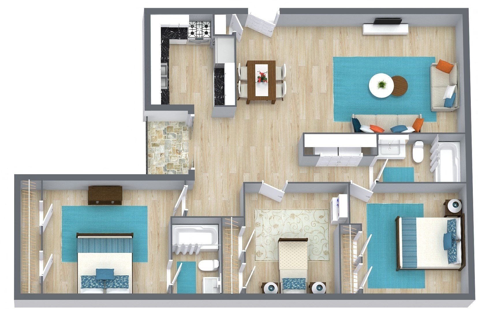 three bedroom floor plan with furniture three bedroom floor plan with furniture at Residences at Lakeshore, Oklahoma